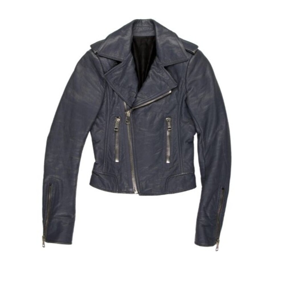 BALENCIAGA Woman's Leather Moto Bike Jacket in Gray, size FR34/XS/US 2